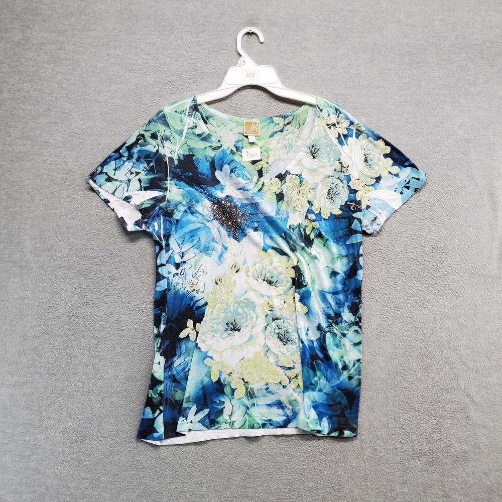 JM Collection Women Top Large Blue Floral Shirt‎ Rhinestones V Neck Tee